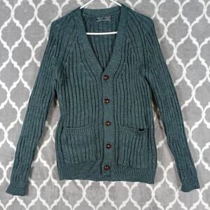 Woolovers Cardigan Sweater‎ Women Size Small Green V Neck 100% Wool Pockets